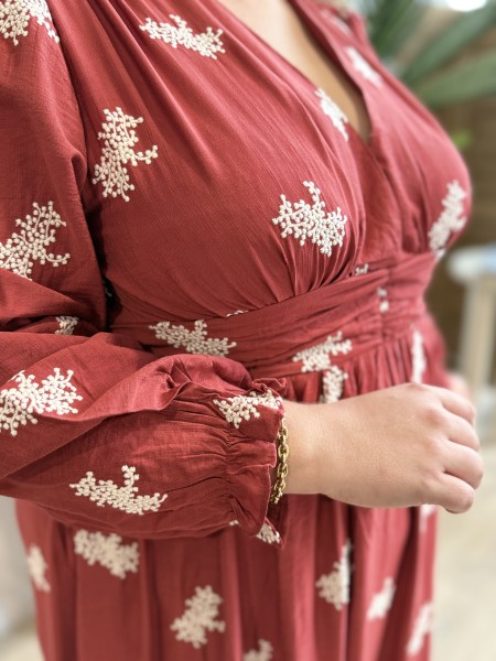 Robe longue broderie baie Joana rouille
